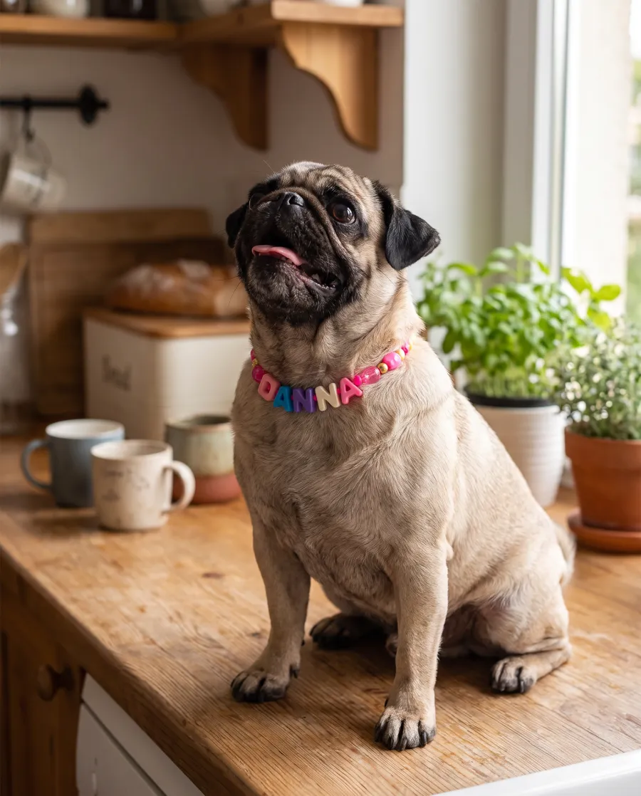 Danna, una pug, sentada con su collar tejido de letras de colores
