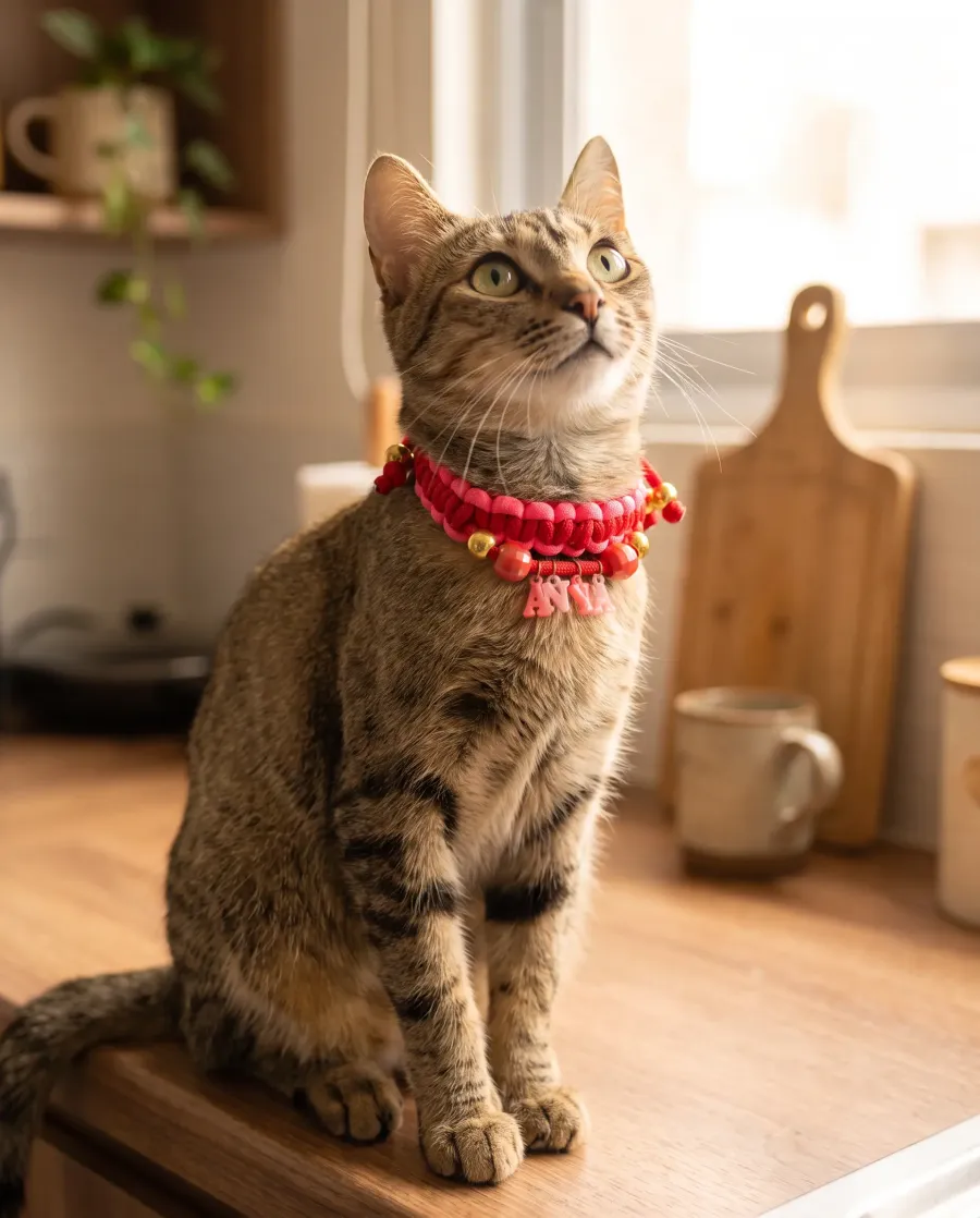 Anya, una gata, con su collar tejido en rojo y fucsia