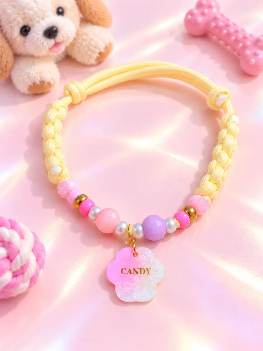 Collar trenzado amarillo con cuentas rosadas, perlas y placa de flor que dice Candy